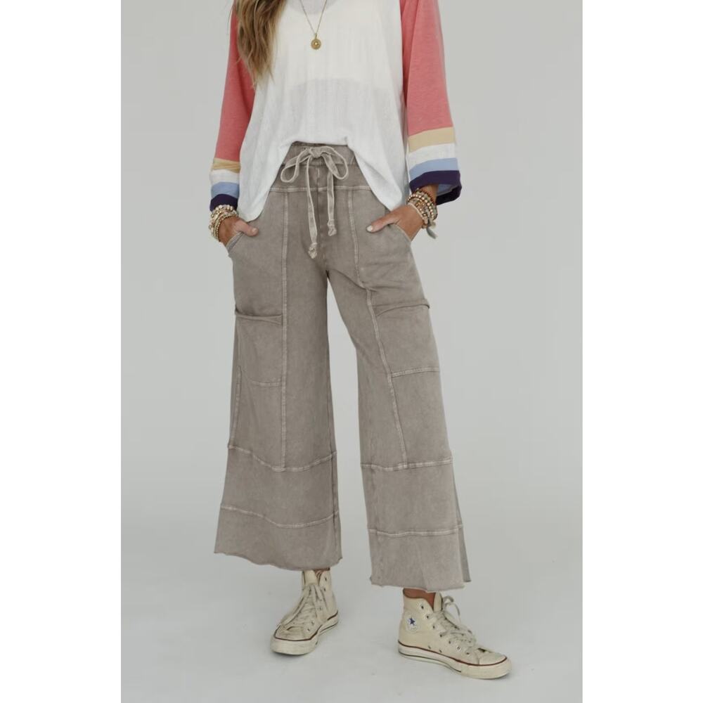 Three Bird Nest Lucky One Wide Leg Pant Taupe S Sweatpant Drawstring Flowy Pant